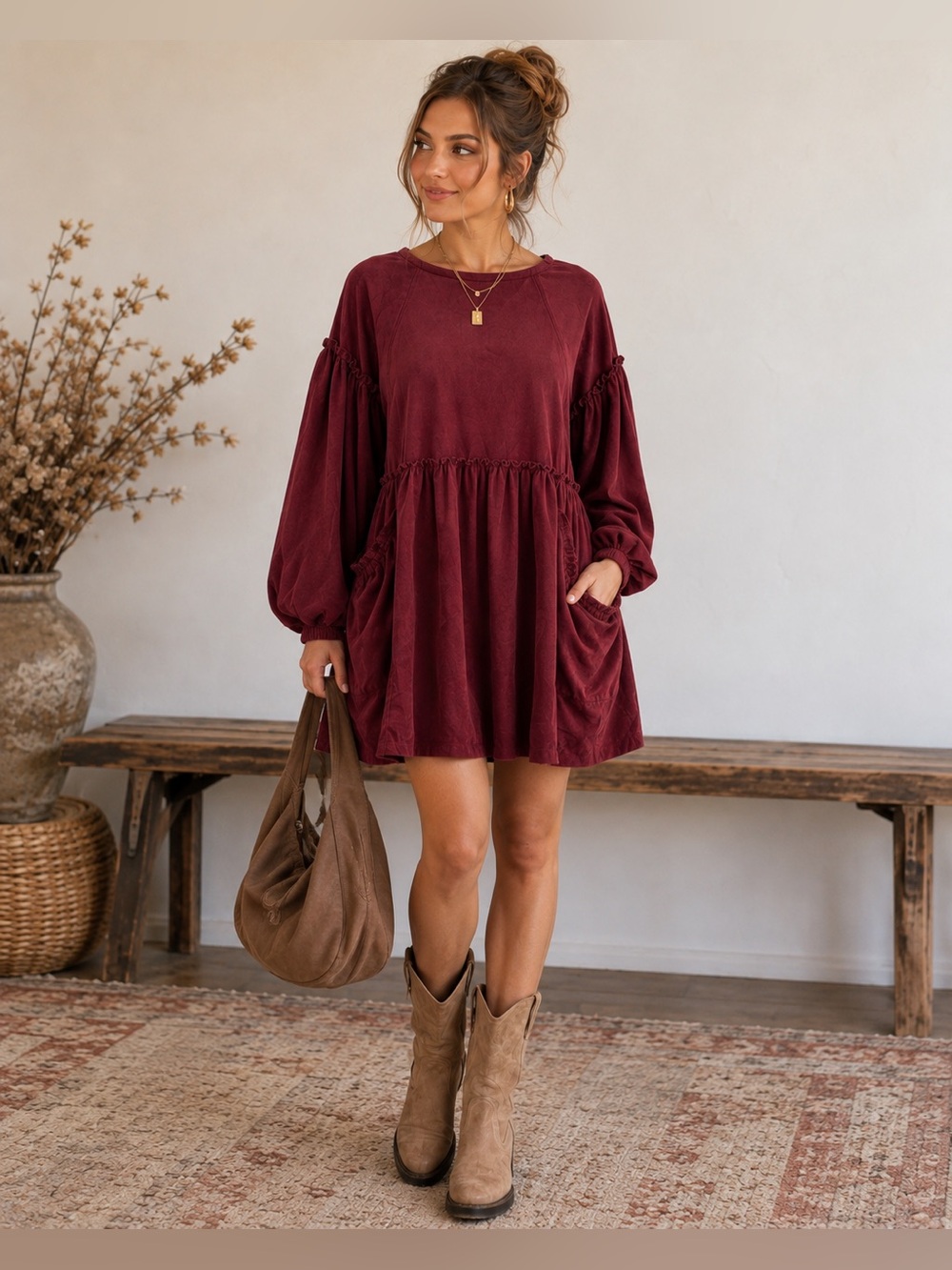 Burgundy Faux Suede Babydoll Dress XS Boho Balloon Sleeve Pocket Dress